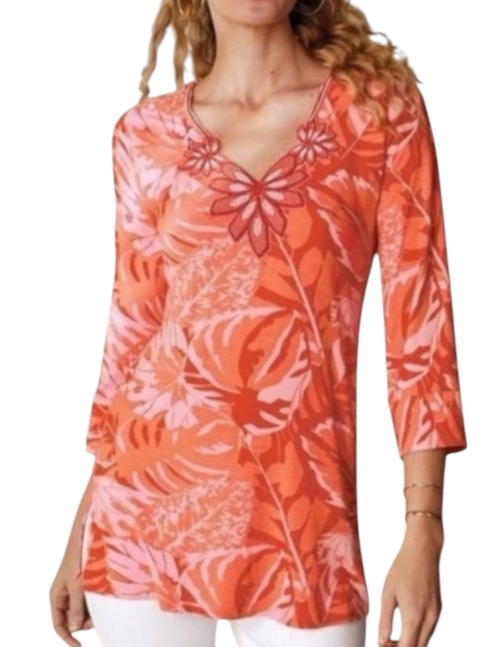 SOFT SURROUNDINGS Tropical Leaves Beaded Del Rio Tunic Blouse in Orange Size Med - Picture 1 of 6